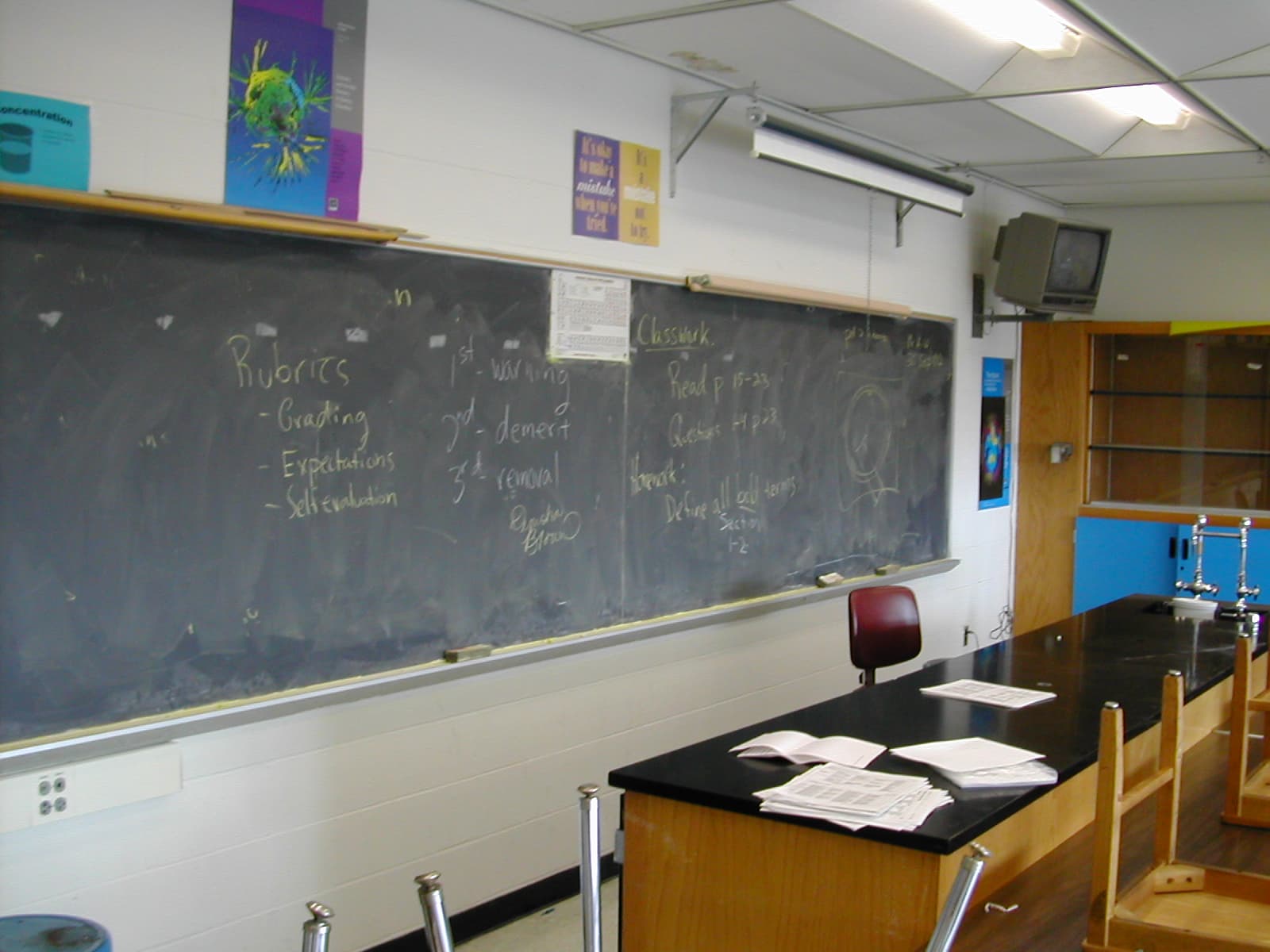 Matt's science classroom in 2002, with a chalkboard covered in class notes